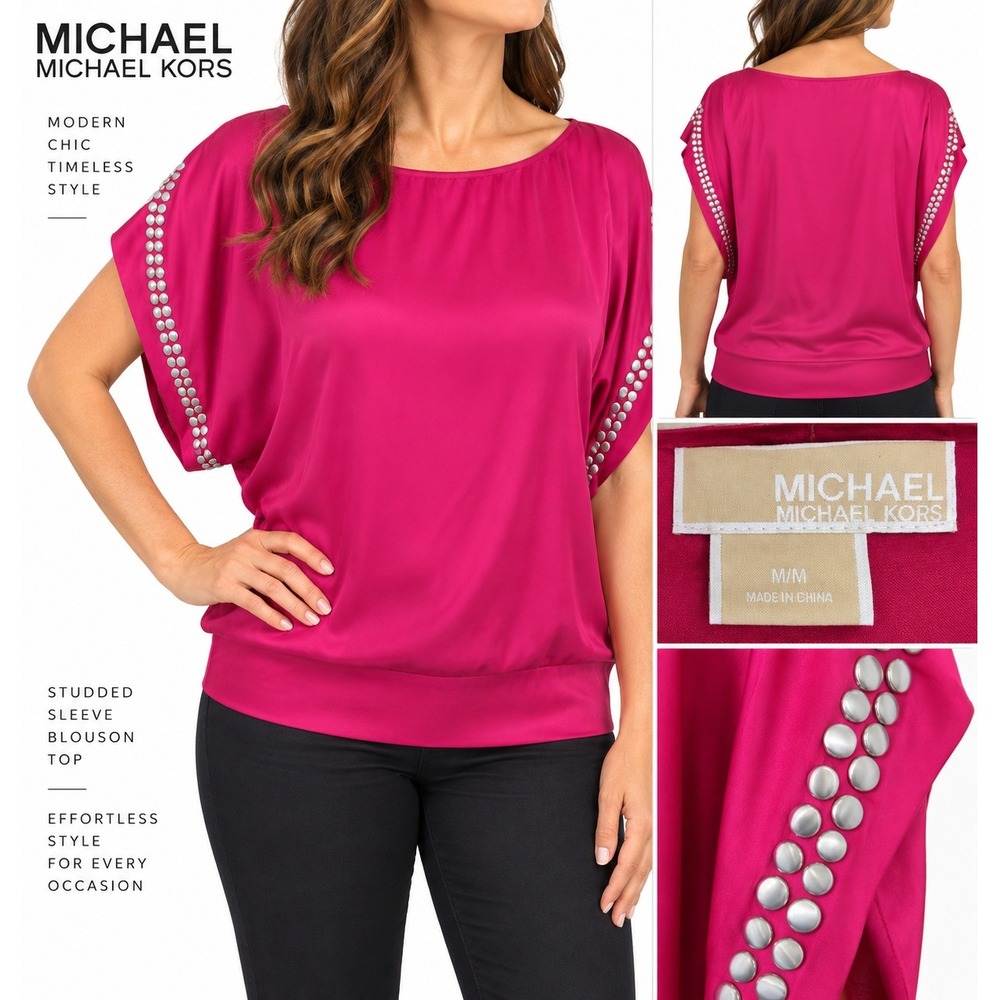 Michael Kors Womens Blouse Studded Sleeve Pink Satin Blouson Top M